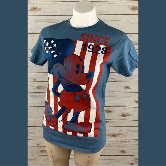 Disney Mickey Mouse & Flag Graphic Blue Tee - Picture 1 of 8